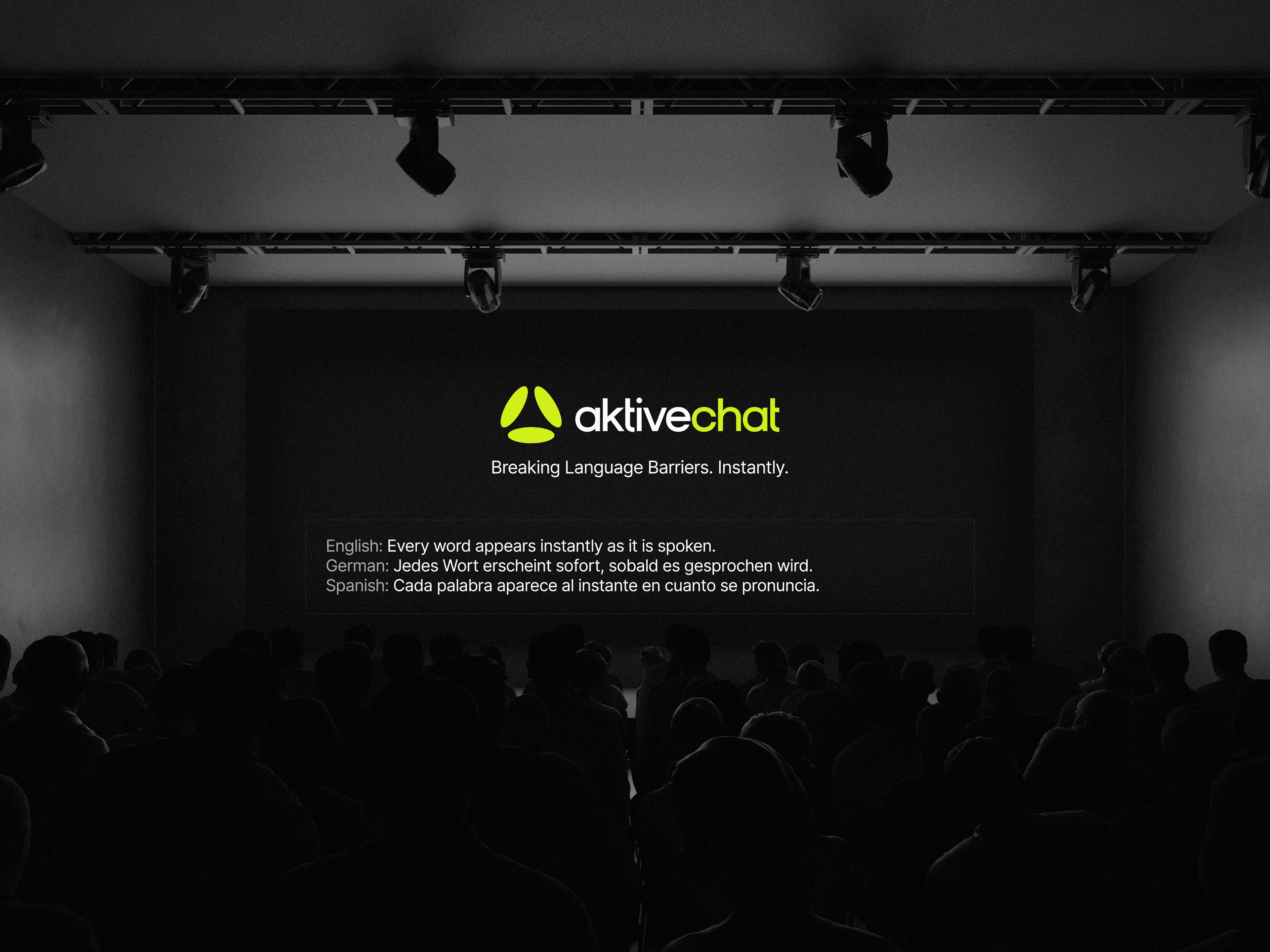 aktive.chat live event translation interface shown on a venue screen